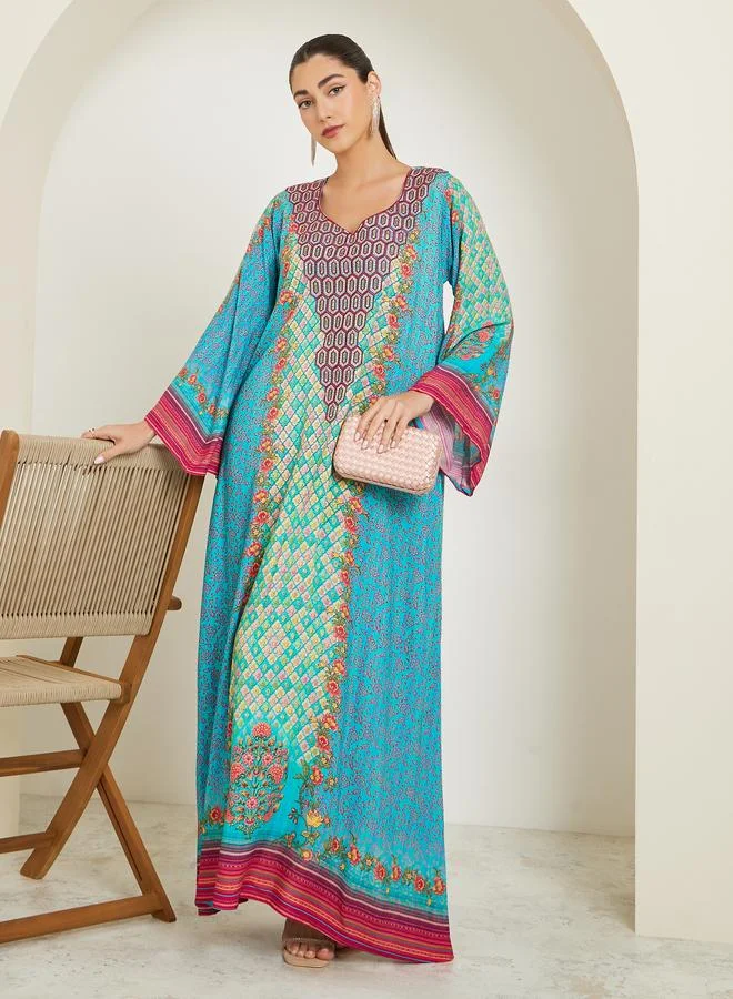 Amirah  Blue Printed A-Line Jalabiya for Women | Best Price UAE